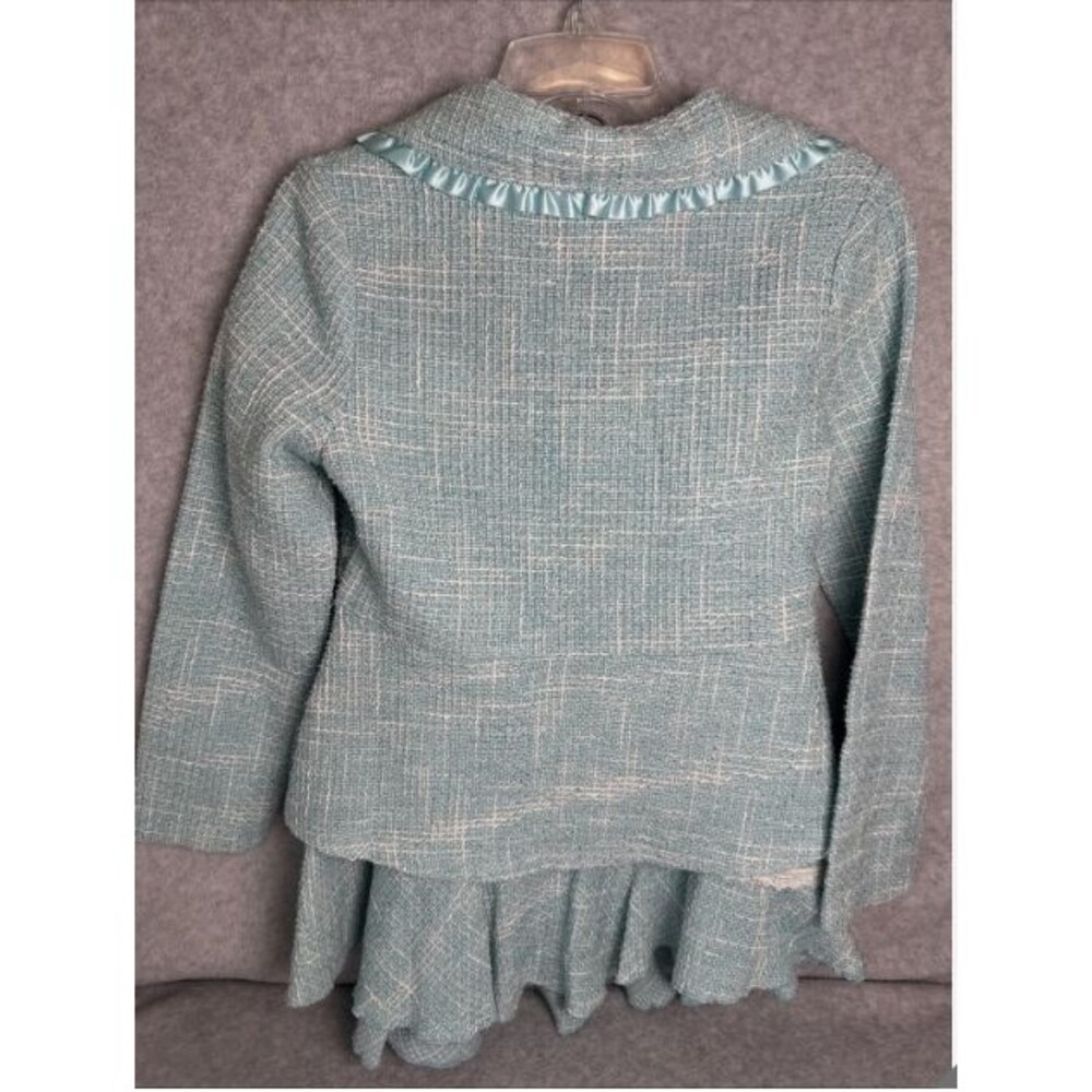 Vintage Teal Blue White Tweed Blazer Ribbon Skirt Set Girls Sz 16 Lace Bow - Picture 4 of 8